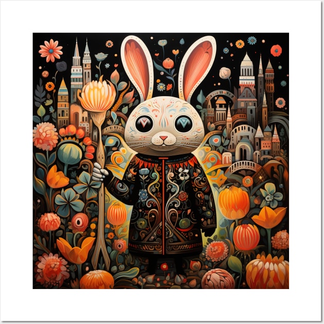 Surrealistic Folk Art Dark Floral Motif Rabbit Design Wall Art by The Little Store Of Magic